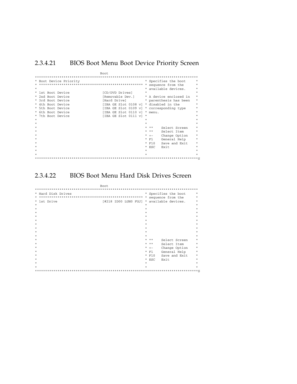 21 bios boot menu boot device priority screen, 22 bios boot menu hard disk drives screen, Bios boot menu boot device priority screen | Bios boot menu hard disk drives screen | Sun Microsystems Sun Fire X4100 User Manual | Page 46 / 302