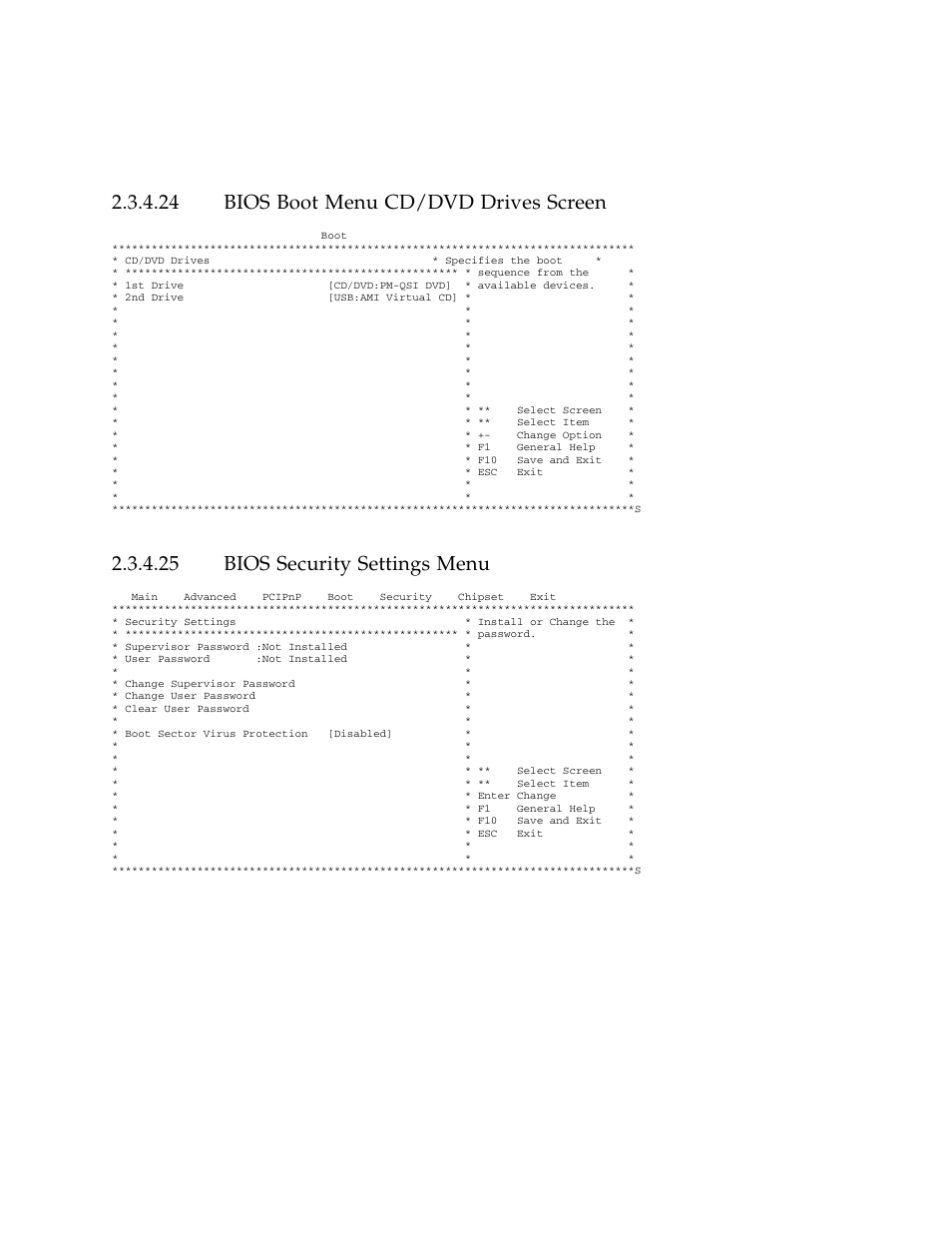 24 bios boot menu cd/dvd drives screen, 25 bios security settings menu, Bios boot menu cd/dvd drives screen | Bios security settings menu | Sun Microsystems Sun Fire X4100 User Manual | Page 48 / 302