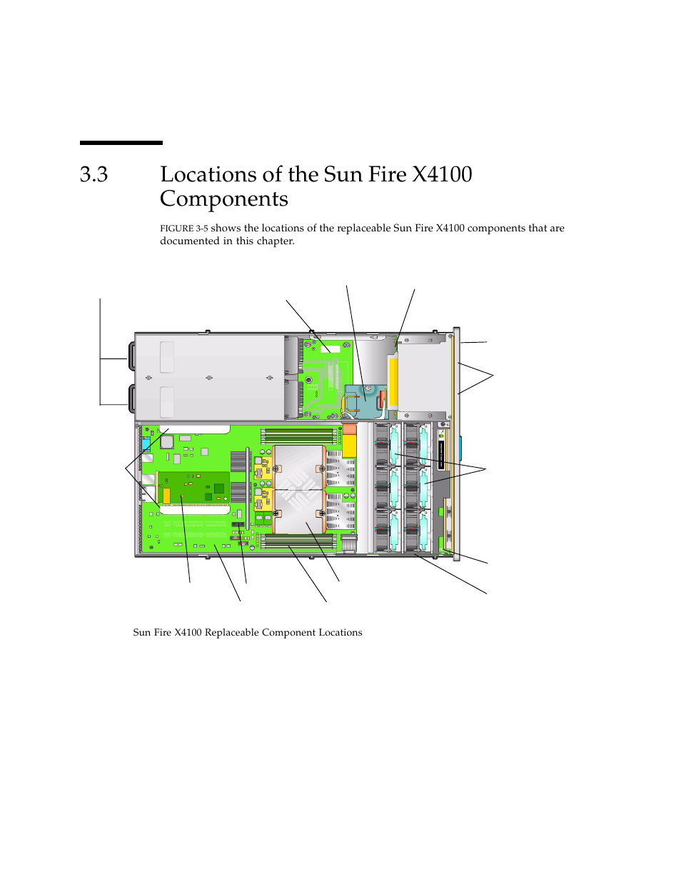 3 locations of the sun fire x4100 components, Locations of the sun fire x4100 components | Sun Microsystems Sun Fire X4100 User Manual | Page 66 / 302