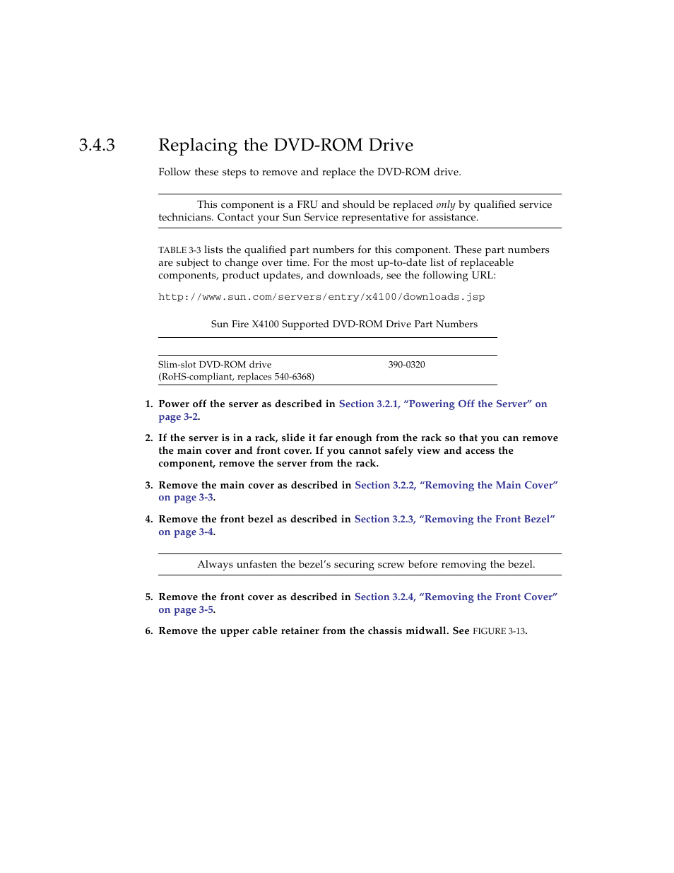 3 replacing the dvd-rom drive, Replacing the dvd-rom drive | Sun Microsystems Sun Fire X4100 User Manual | Page 76 / 302