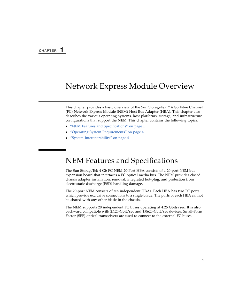 Network express module overview, Nem features and specifications, Chapter 1 | Sun Microsystems Sun StorageTek SG-XPCIE20FC-NEM-Z User Manual | Page 17 / 68