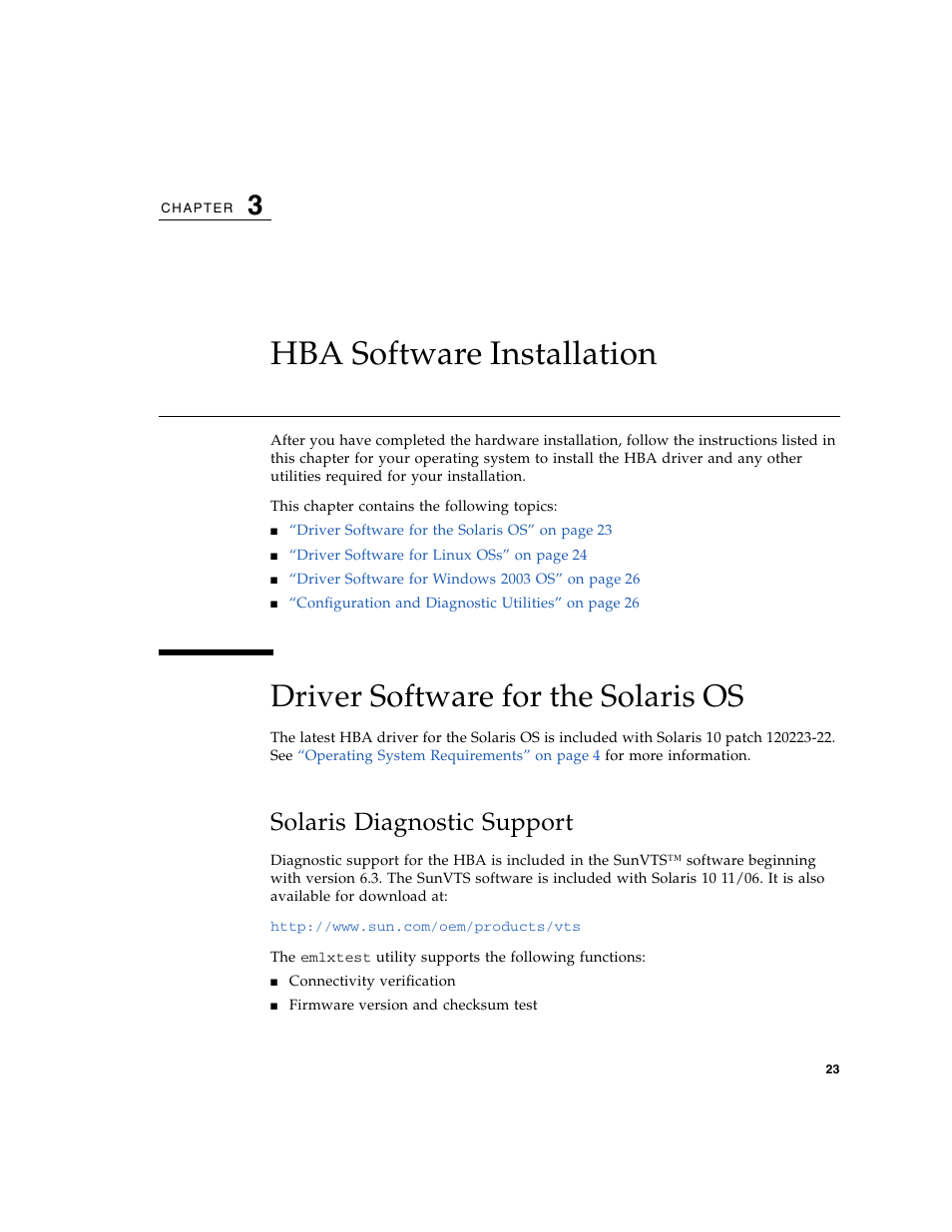 Hba software installation, Driver software for the solaris os, Solaris diagnostic support | Chapter 3 | Sun Microsystems Sun StorageTek SG-XPCIE20FC-NEM-Z User Manual | Page 39 / 68