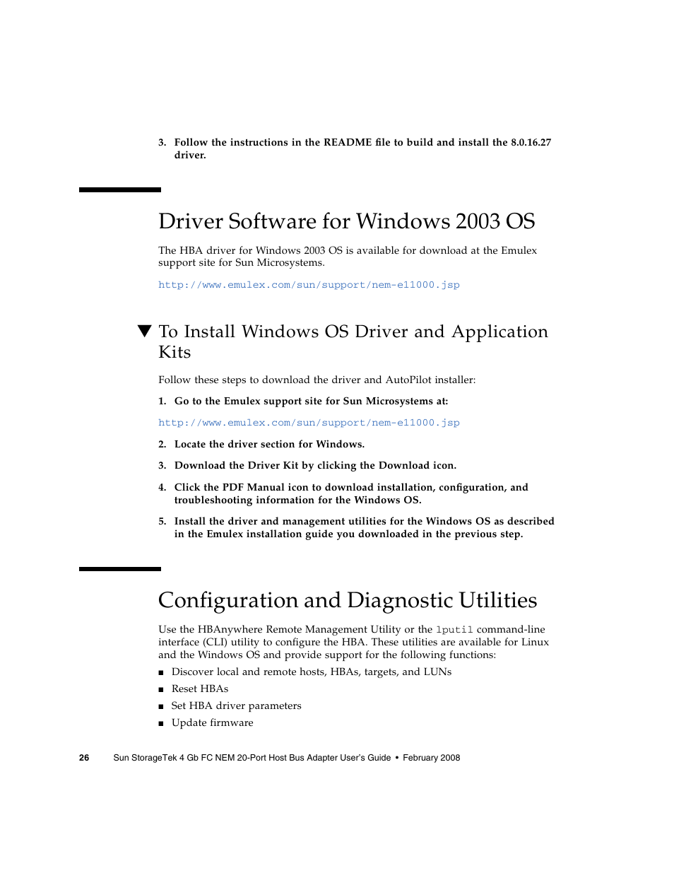 Driver software for windows 2003 os, To install windows os driver and application kits, Configuration and diagnostic utilities | Sun Microsystems Sun StorageTek SG-XPCIE20FC-NEM-Z User Manual | Page 42 / 68