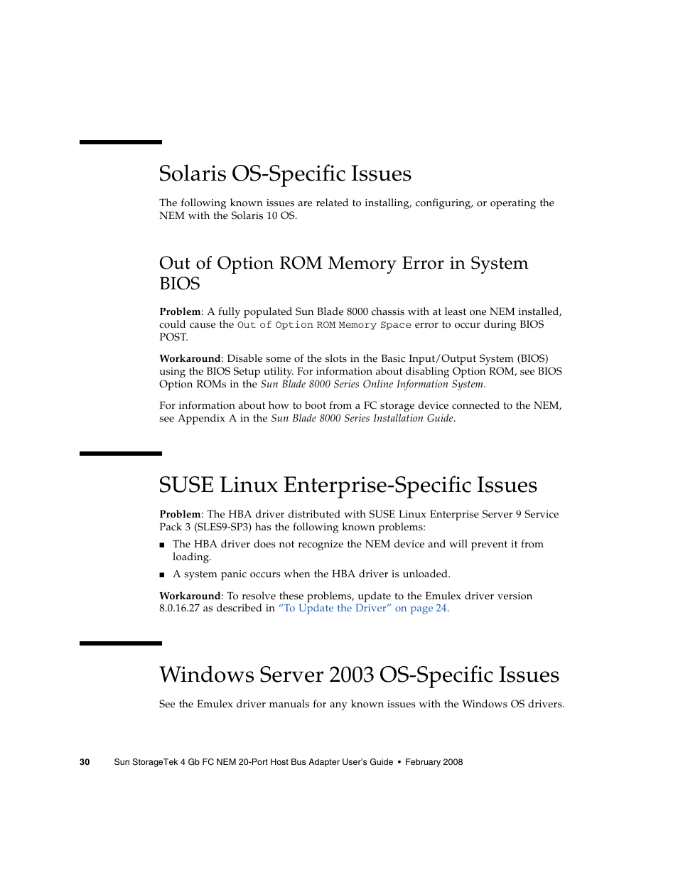 Solaris os-specific issues, Out of option rom memory error in system bios, Suse linux enterprise-specific issues | Windows server 2003 os-specific issues | Sun Microsystems Sun StorageTek SG-XPCIE20FC-NEM-Z User Manual | Page 46 / 68