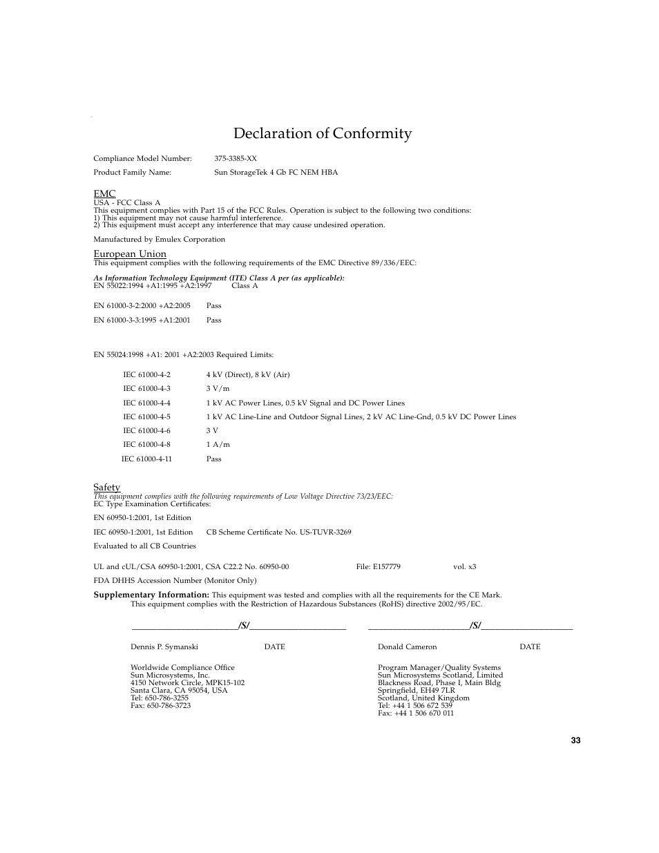 Declaration of conformity, European union, Safety | S/____________________ _____________________/s | Sun Microsystems Sun StorageTek SG-XPCIE20FC-NEM-Z User Manual | Page 49 / 68