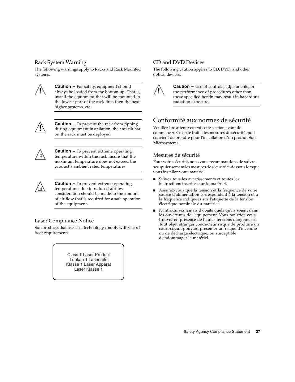 Rack system warning, Laser compliance notice, Cd and dvd devices | Conformité aux normes de sécurité, Mesures de sécurité | Sun Microsystems Sun StorageTek SG-XPCIE20FC-NEM-Z User Manual | Page 53 / 68