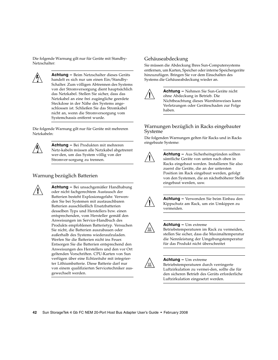 Warnung bezüglich batterien, Gehäuseabdeckung, Warnungen bezüglich in racks eingebauter systeme | Sun Microsystems Sun StorageTek SG-XPCIE20FC-NEM-Z User Manual | Page 58 / 68