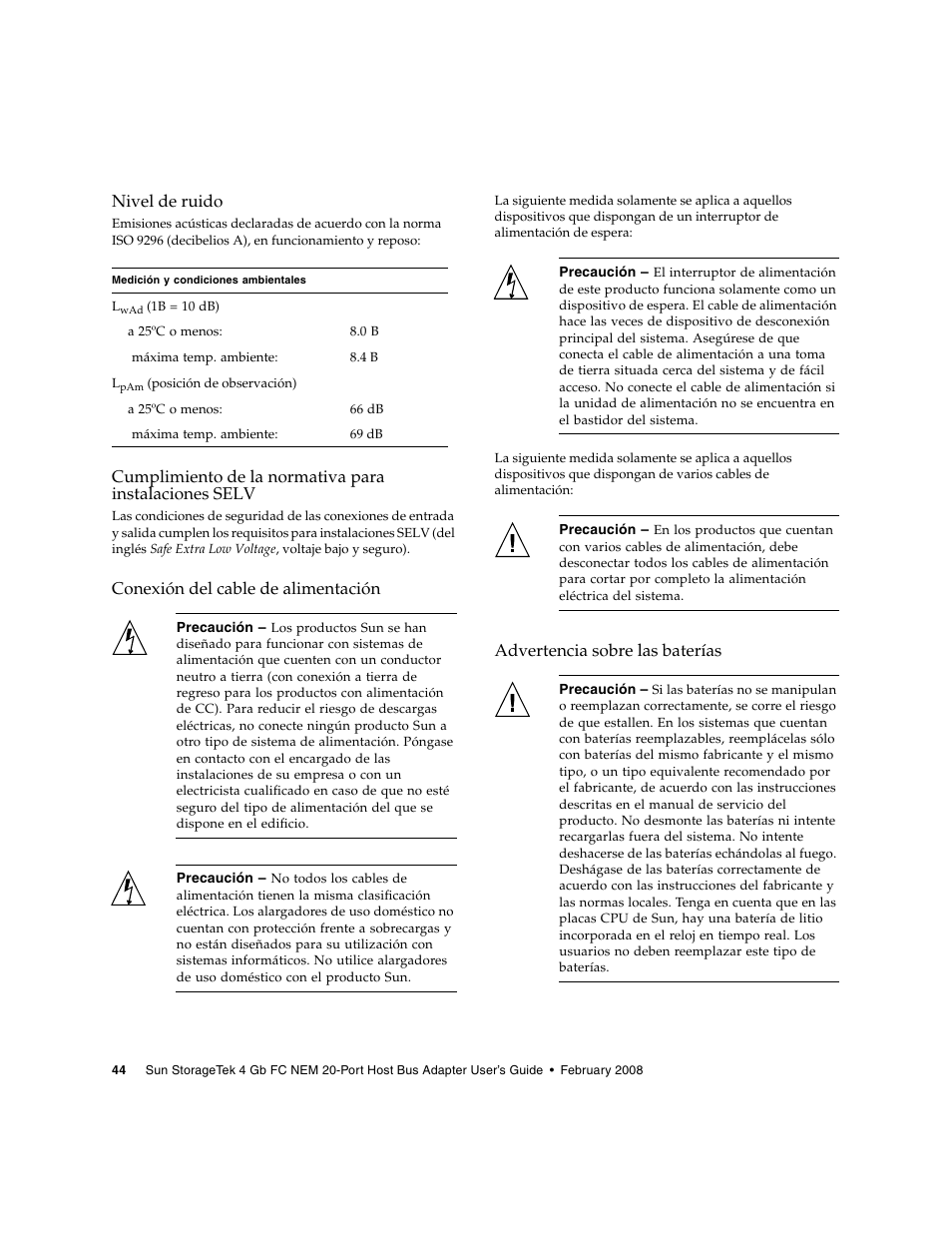 Nivel de ruido, Conexión del cable de alimentación, Advertencia sobre las baterías | Sun Microsystems Sun StorageTek SG-XPCIE20FC-NEM-Z User Manual | Page 60 / 68