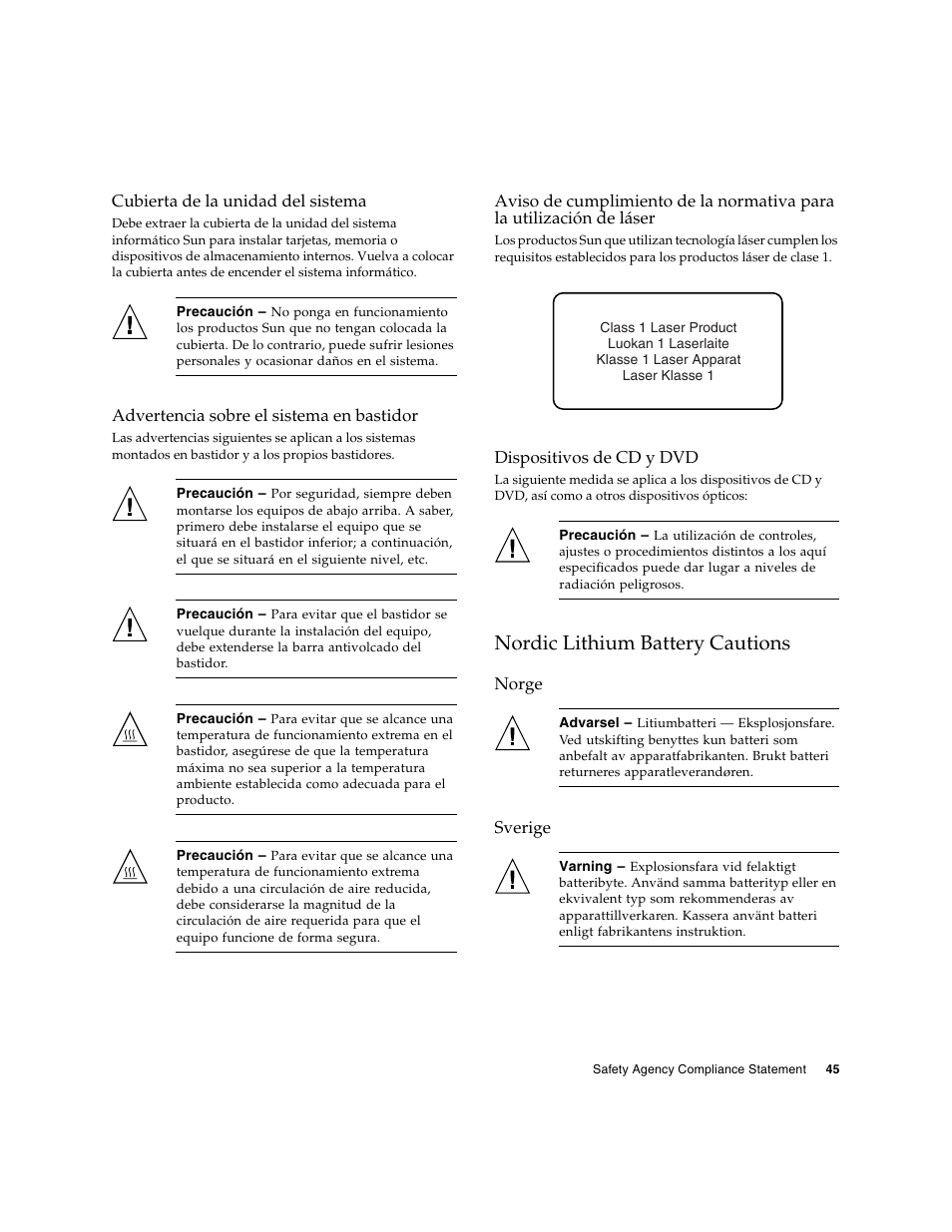 Cubierta de la unidad del sistema, Advertencia sobre el sistema en bastidor, Dispositivos de cd y dvd | Nordic lithium battery cautions, Norge, Sverige | Sun Microsystems Sun StorageTek SG-XPCIE20FC-NEM-Z User Manual | Page 61 / 68