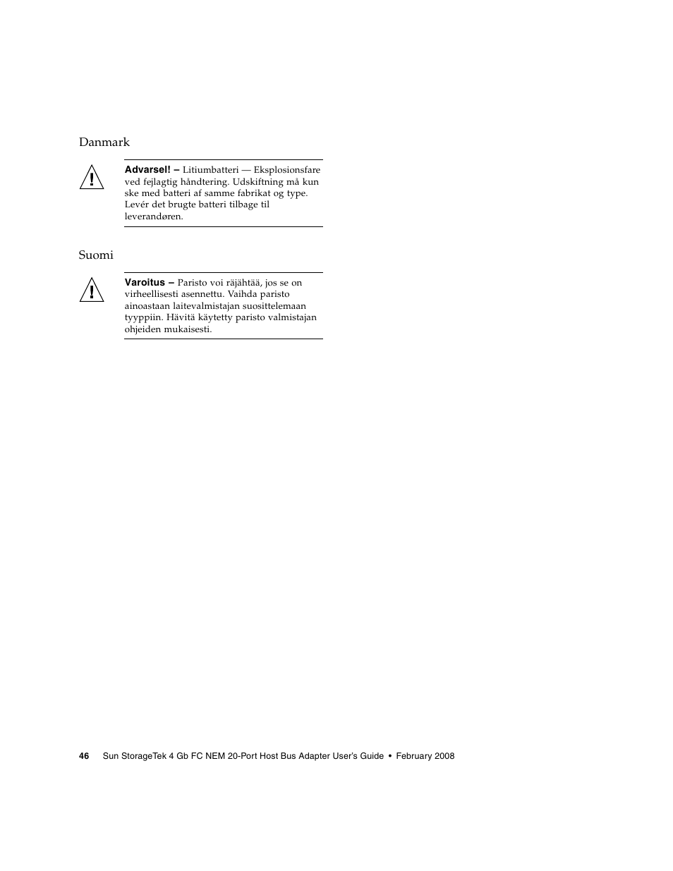 Danmark, Suomi | Sun Microsystems Sun StorageTek SG-XPCIE20FC-NEM-Z User Manual | Page 62 / 68