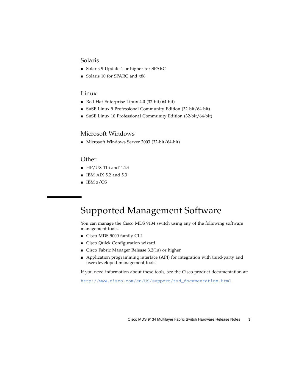 Solaris, Linux, Microsoft windows | Other, Supported management software | Sun Microsystems MDS 9134 User Manual | Page 5 / 10