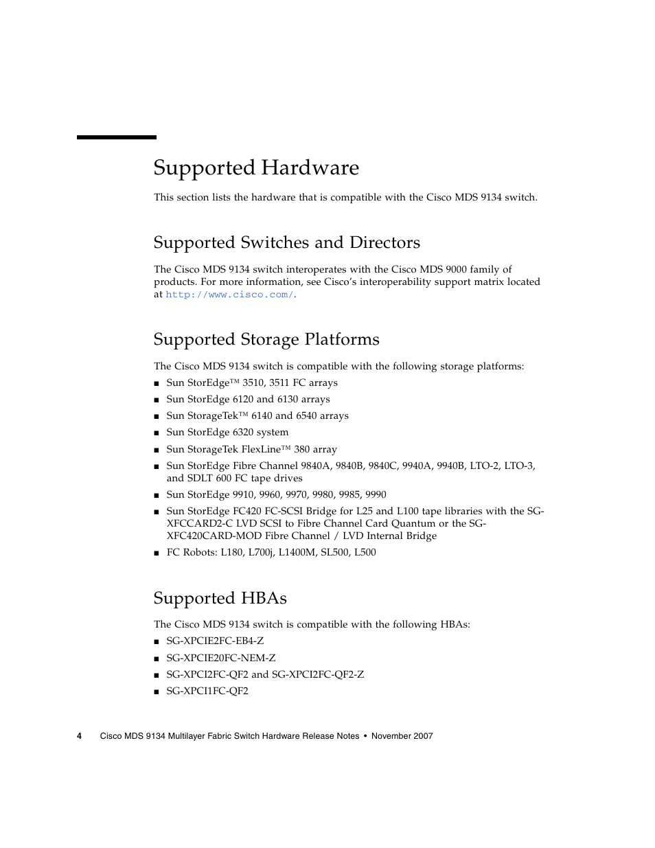 Supported hardware, Supported switches and directors, Supported storage platforms | Supported hbas | Sun Microsystems MDS 9134 User Manual | Page 6 / 10