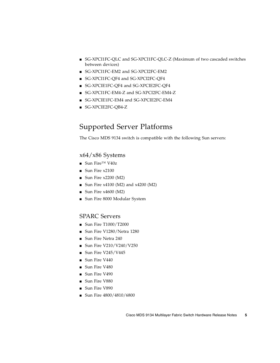 Supported server platforms, X64/x86 systems, Sparc servers | Sun Microsystems MDS 9134 User Manual | Page 7 / 10