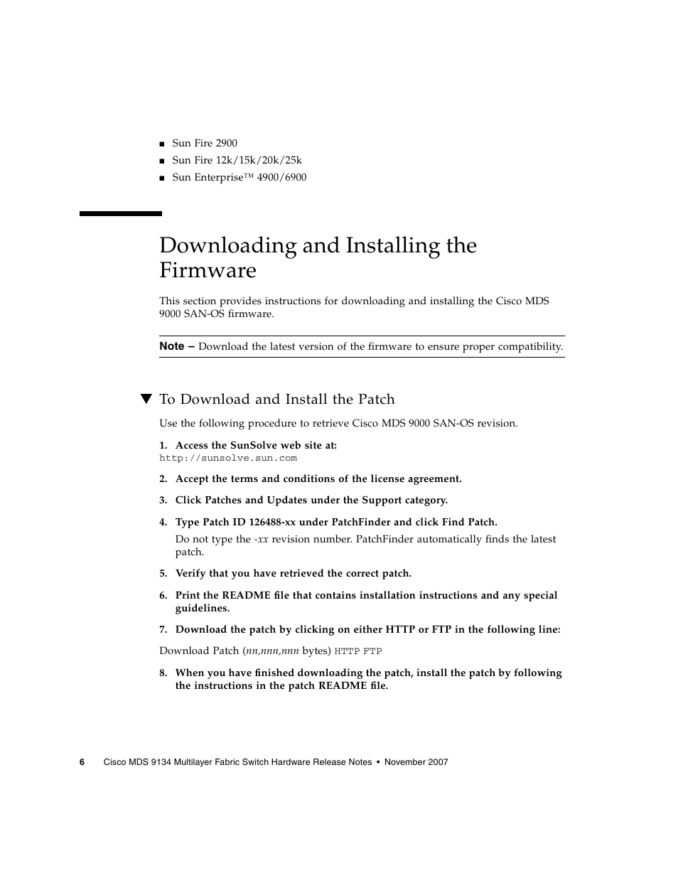 Downloading and installing the firmware, To download and install the patch | Sun Microsystems MDS 9134 User Manual | Page 8 / 10