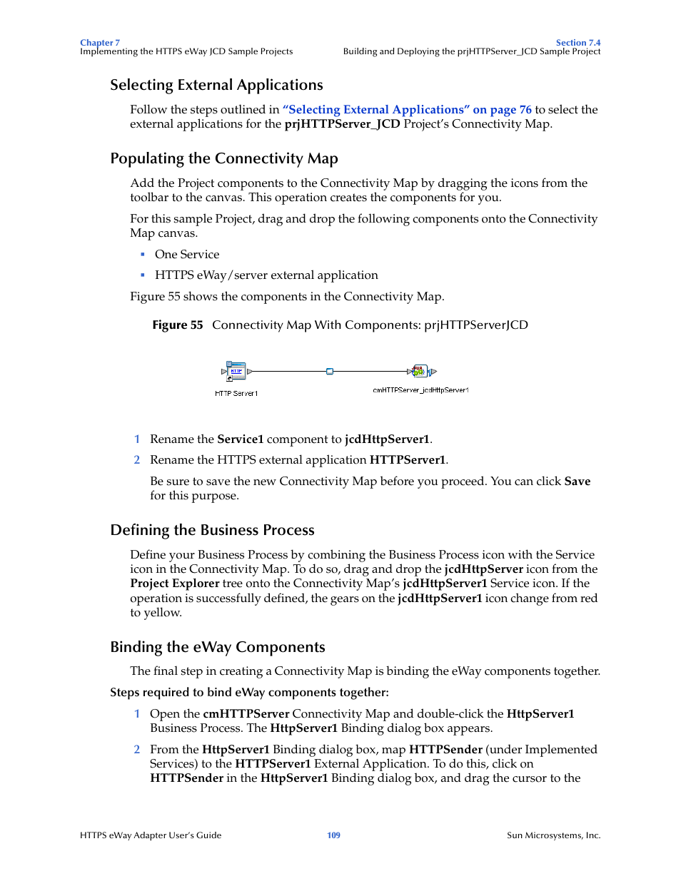 Selecting external applications, Populating the connectivity map, Defining the business process | Binding the eway components | Sun Microsystems 5.1.1 User Manual | Page 109 / 114