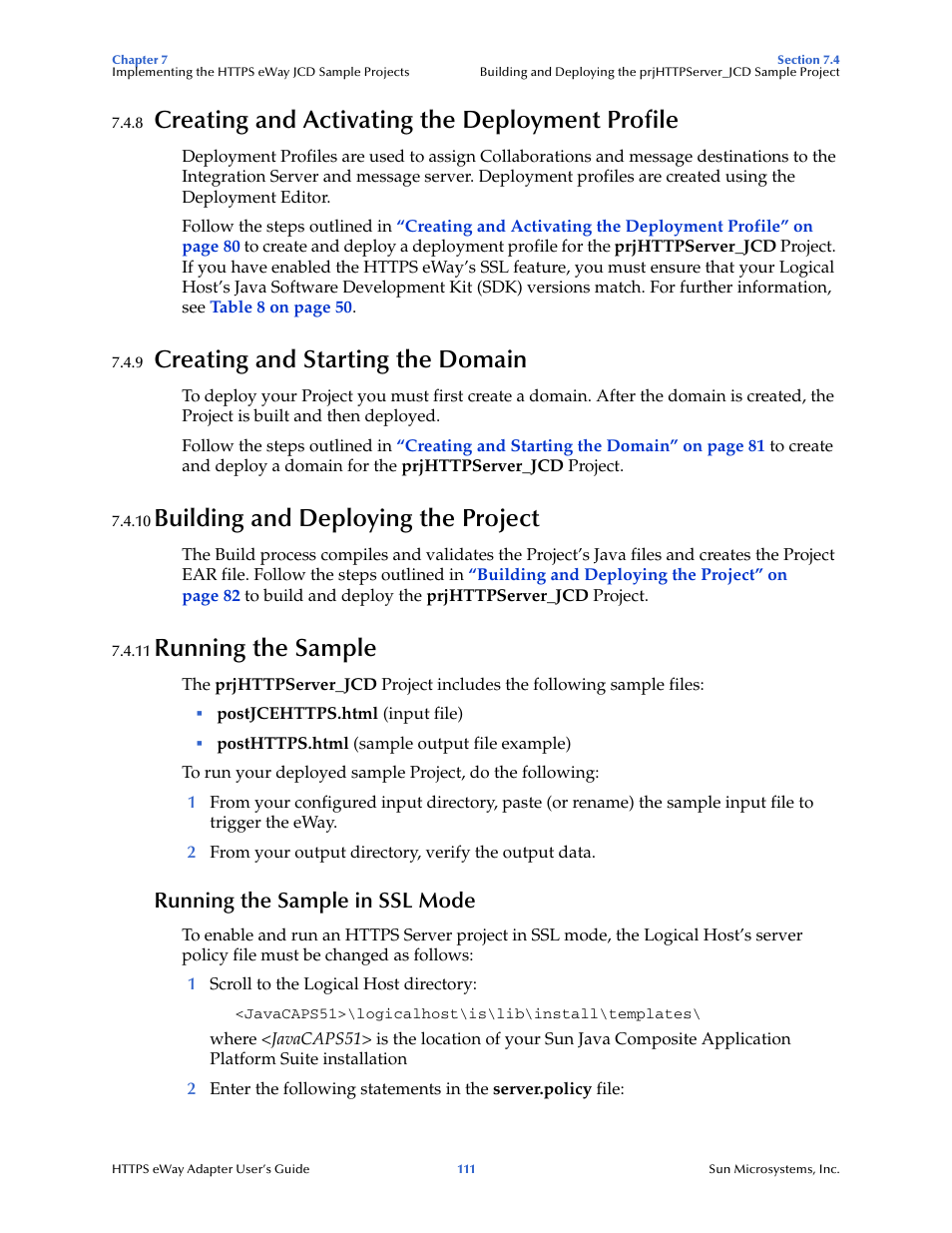 8 creating and activating the deployment profile, 9 creating and starting the domain, 10 building and deploying the project | 11 running the sample, Running the sample in ssl mode, Creating and activating the deployment profile, Creating and starting the domain, Building and deploying the project, Running the sample | Sun Microsystems 5.1.1 User Manual | Page 111 / 114