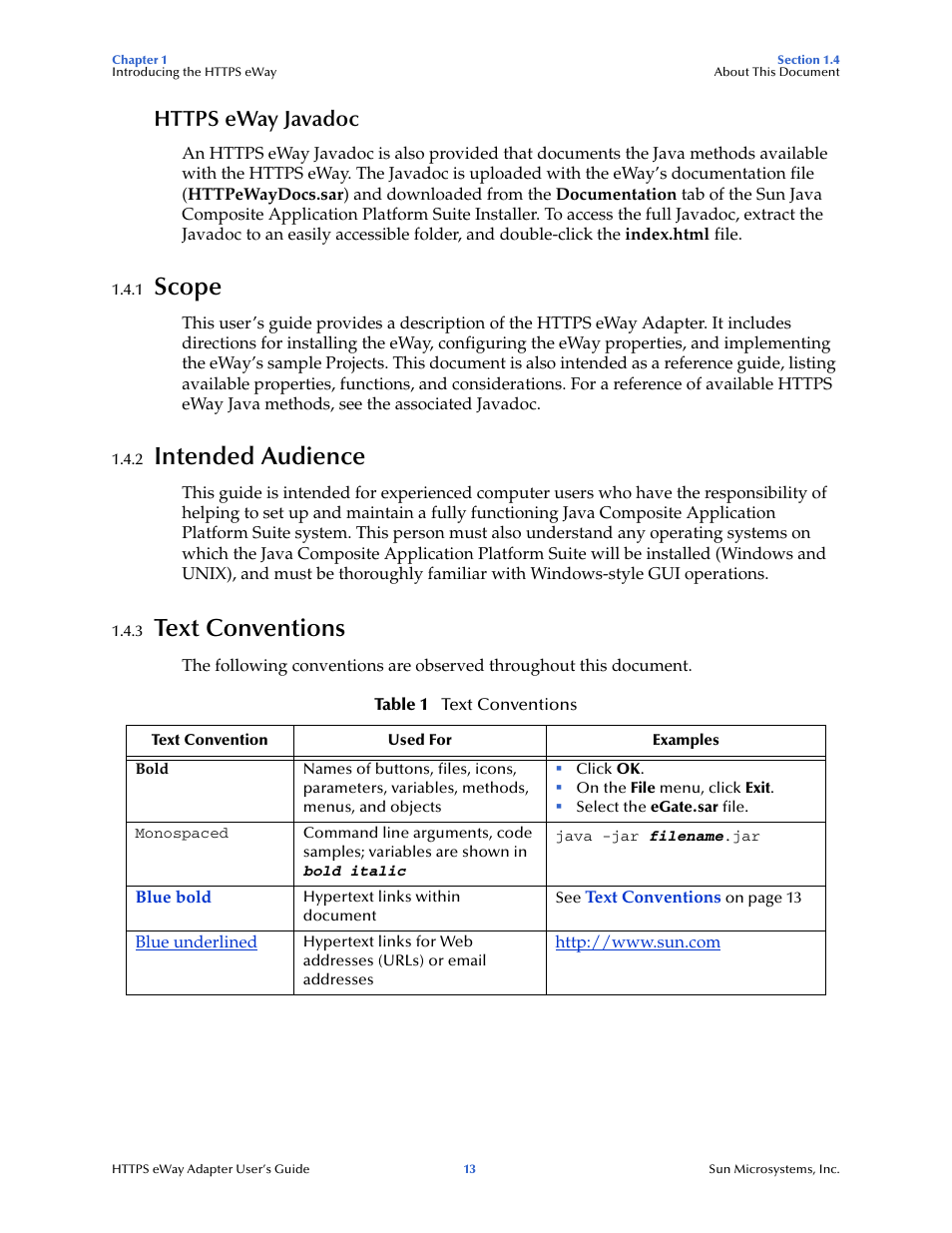 Https eway javadoc, 1 scope, 2 intended audience | 3 text conventions, Scope, Intended audience, Text conventions | Sun Microsystems 5.1.1 User Manual | Page 13 / 114
