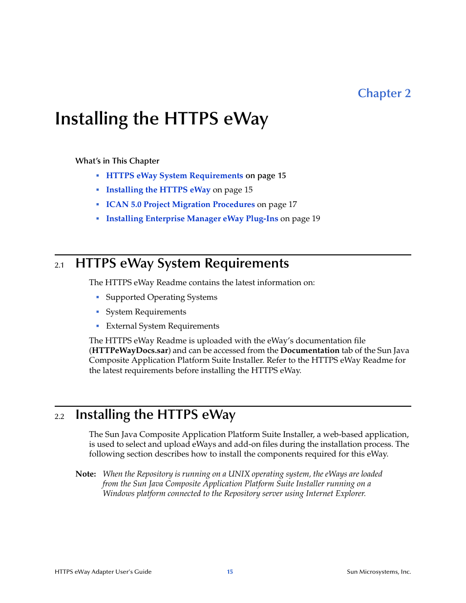 Installing the https eway, 1 https eway system requirements, 2 installing the https eway | Chapter 2, Https eway system requirements | Sun Microsystems 5.1.1 User Manual | Page 15 / 114