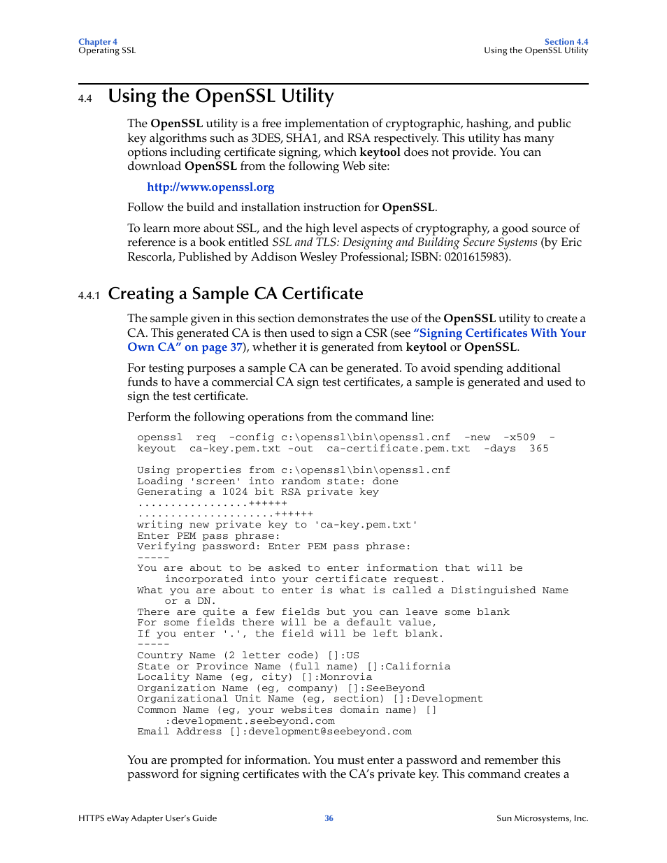 4 using the openssl utility, 1 creating a sample ca certificate, Using the openssl utility | Creating a sample ca certificate | Sun Microsystems 5.1.1 User Manual | Page 36 / 114