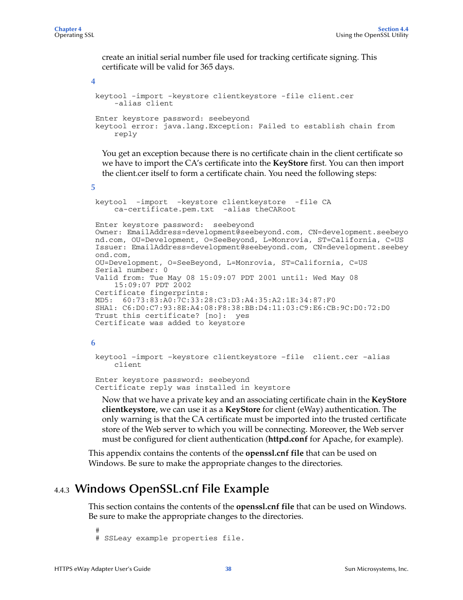 3 windows openssl.cnf file example, Windows openssl.cnf file example | Sun Microsystems 5.1.1 User Manual | Page 38 / 114