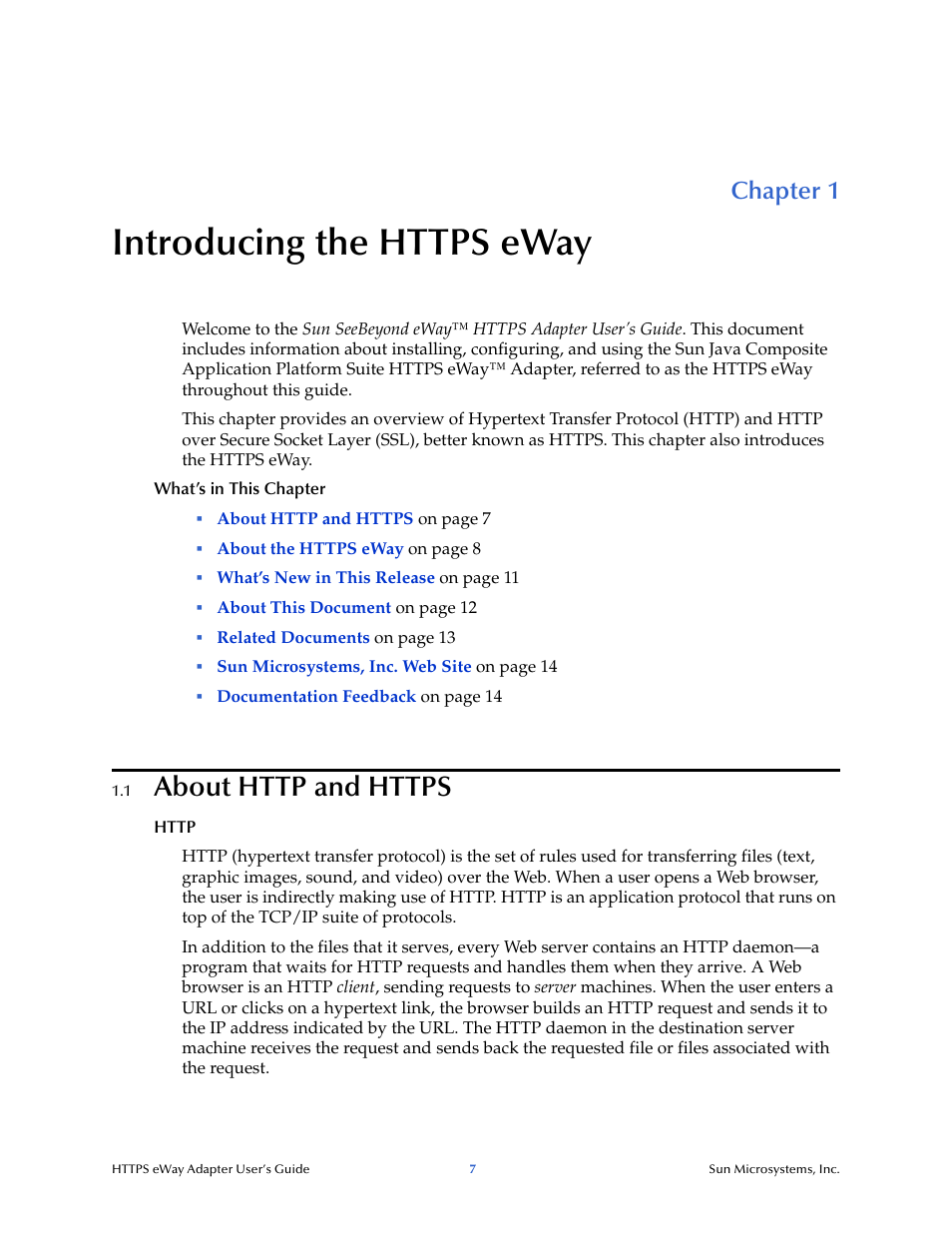 Introducing the https eway, 1 about http and https, Chapter 1 | About http and https | Sun Microsystems 5.1.1 User Manual | Page 7 / 114