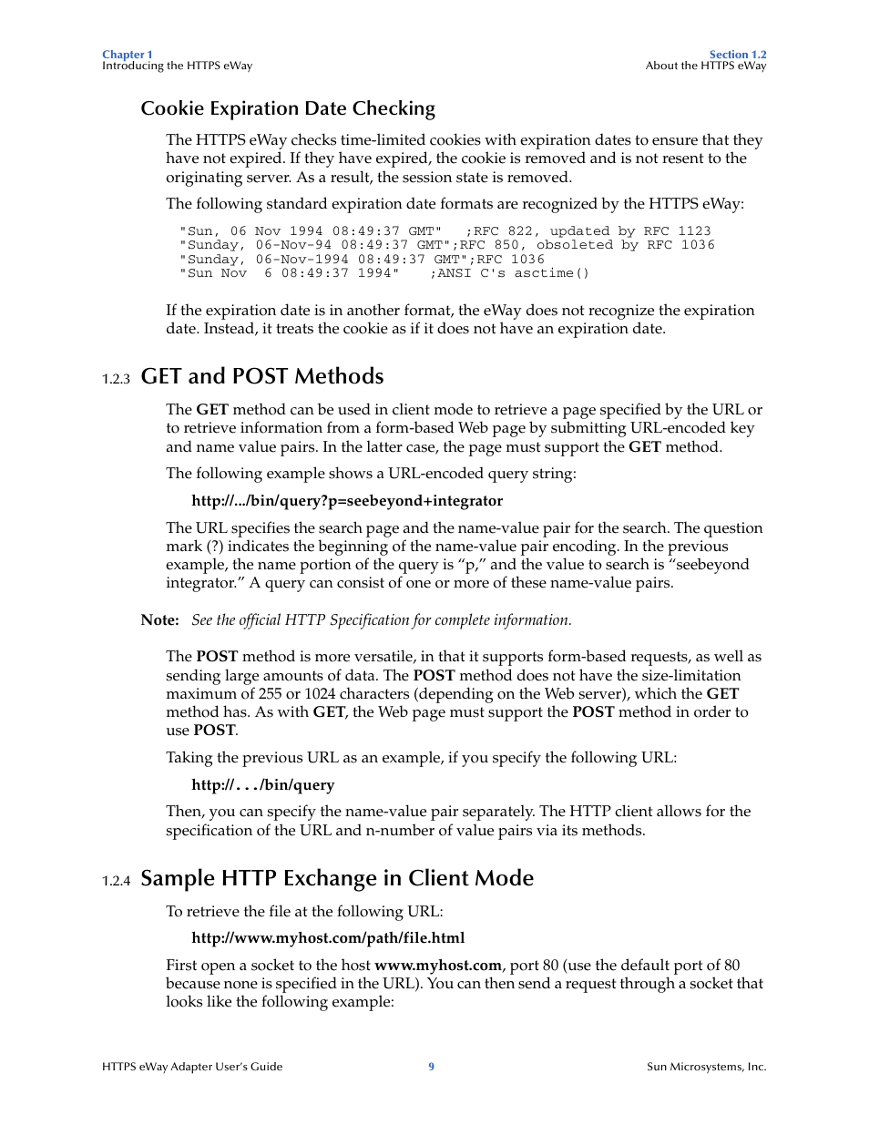 Cookie expiration date checking, 3 get and post methods, 4 sample http exchange in client mode | Get and post methods, Sample http exchange in client mode | Sun Microsystems 5.1.1 User Manual | Page 9 / 114