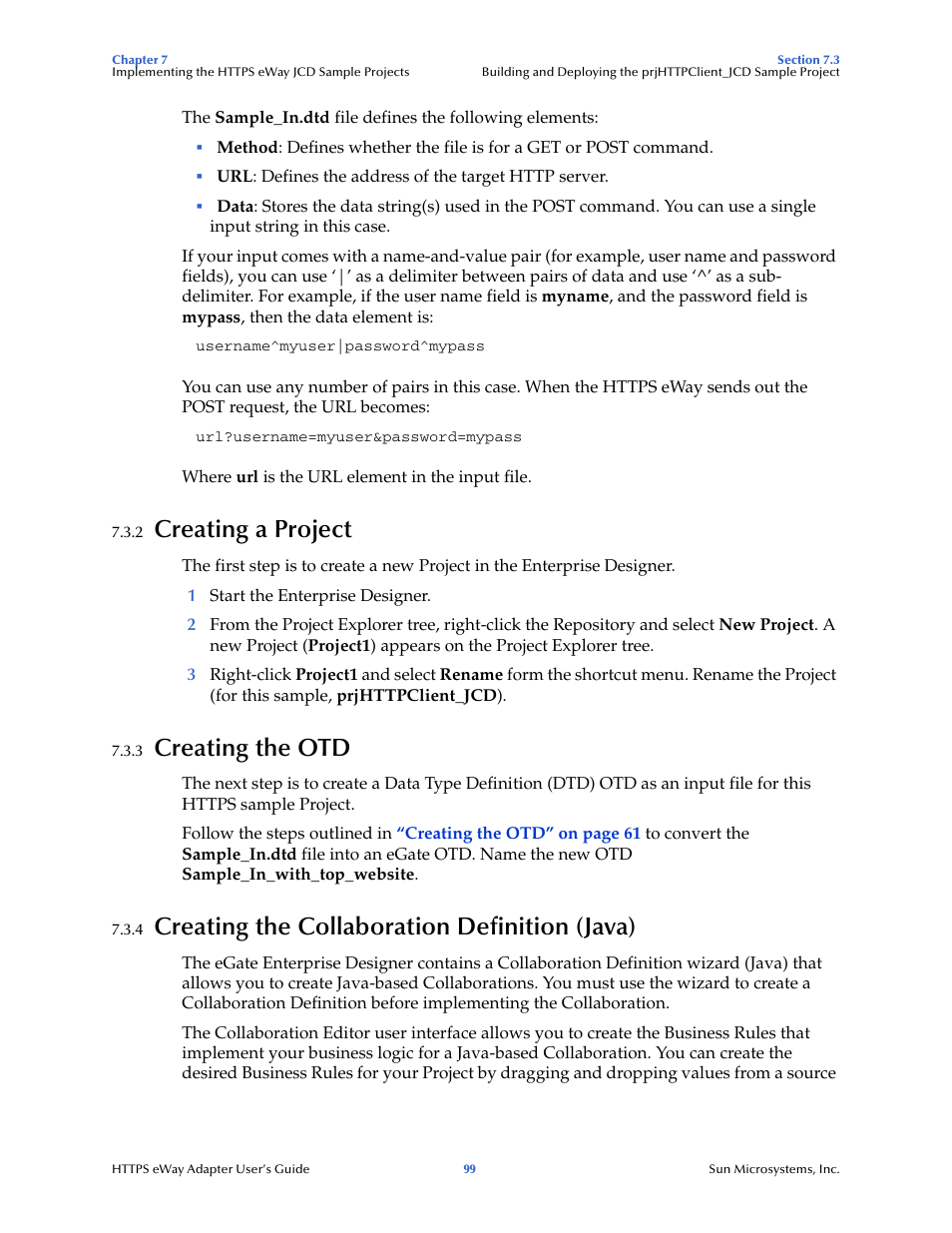2 creating a project, 3 creating the otd, 4 creating the collaboration definition (java) | Creating a project, Creating the otd, Creating the collaboration definition (java) | Sun Microsystems 5.1.1 User Manual | Page 99 / 114