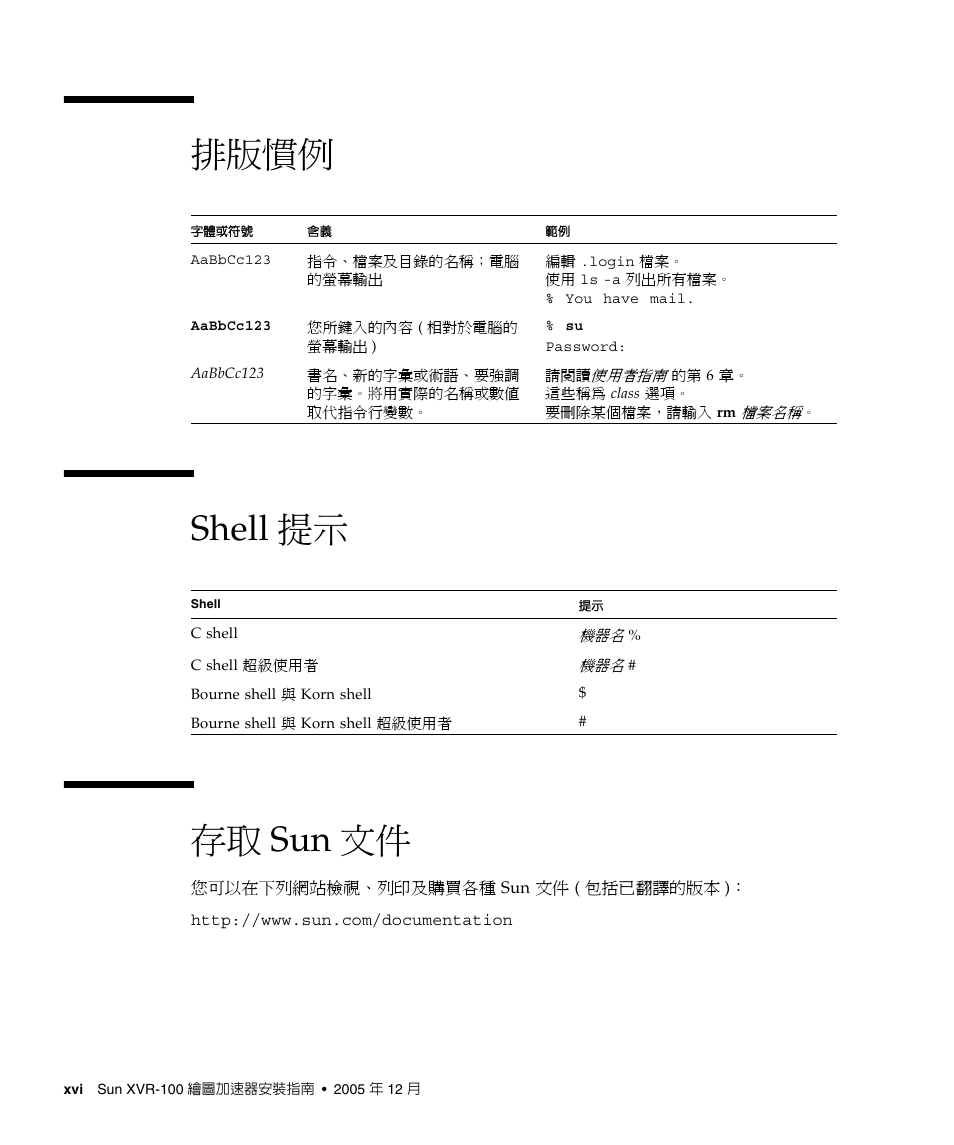 排版慣例 shell 提示 存取 sun 文件 | Sun Microsystems XVR-100 User Manual | Page 16 / 52