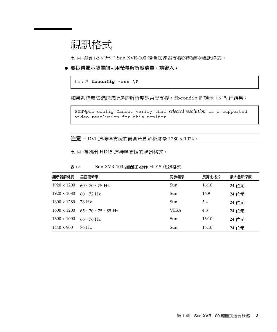 視訊格式, 表 1-1, Sun xvr-10 | 視訊格式」頁碼 3 | Sun Microsystems XVR-100 User Manual | Page 21 / 52