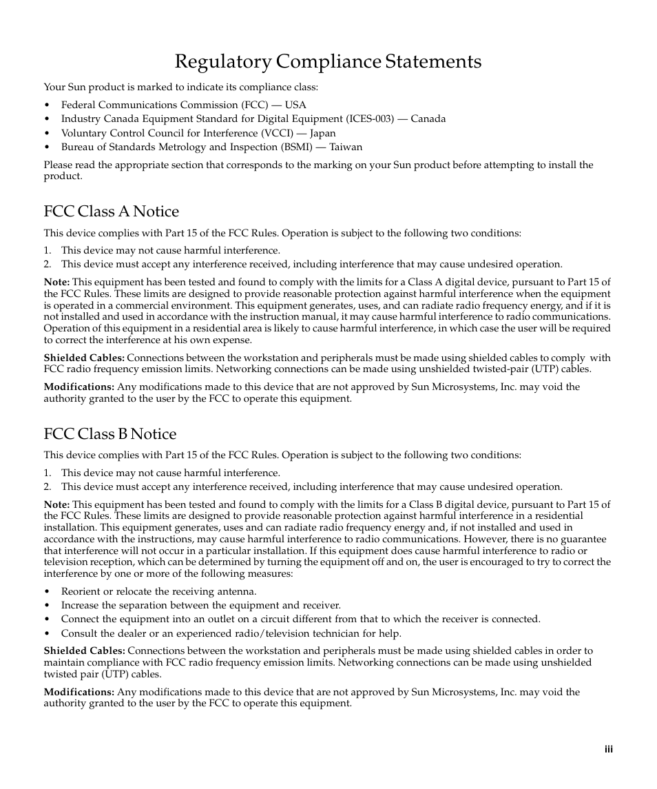 Regulatory compliance statements, Fcc class a notice, Fcc class b notice | Sun Microsystems XVR-100 User Manual | Page 3 / 52