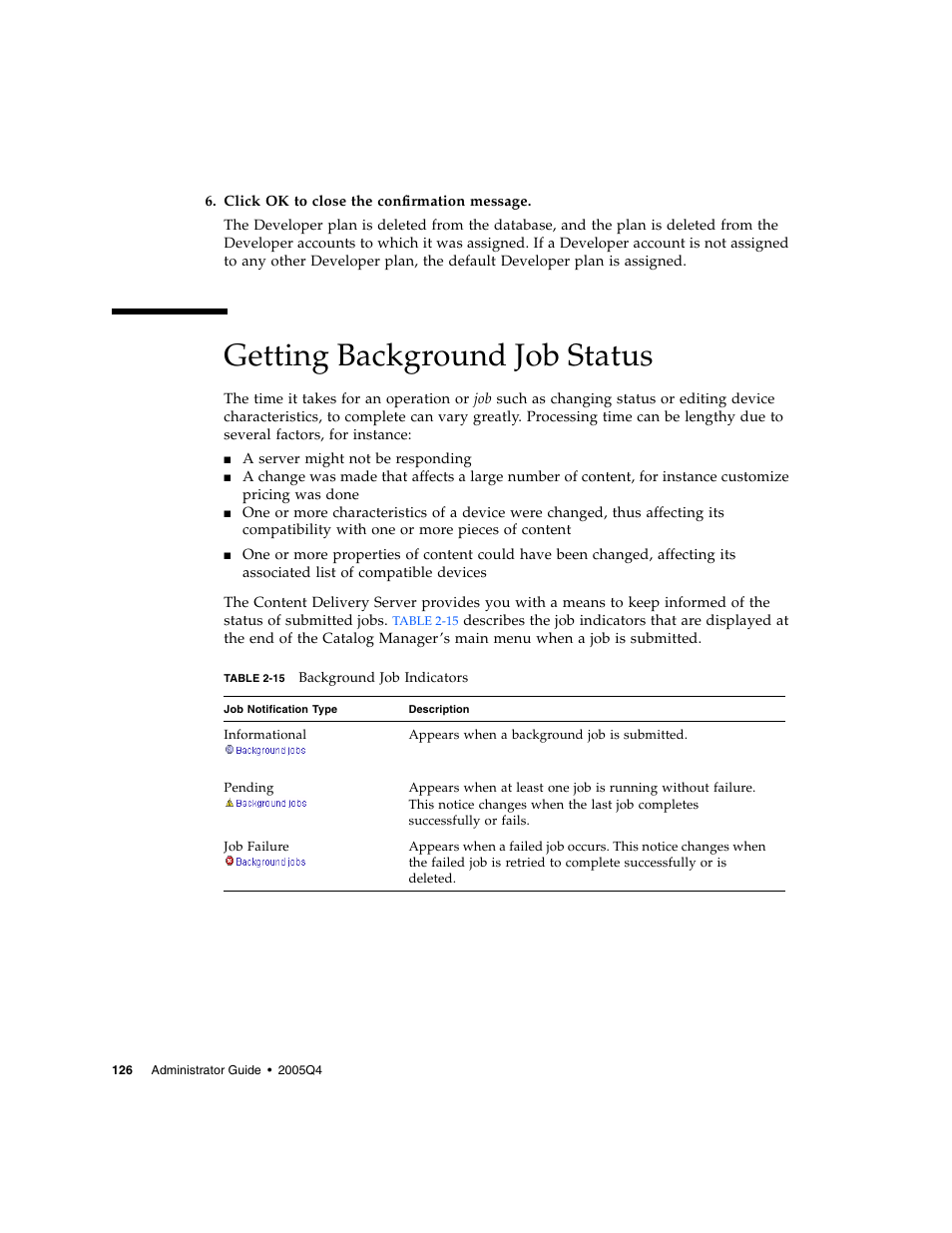 Getting background job status, Table 2-15 | Sun Microsystems Sun Java System Content Delivery Server 5 User Manual | Page 144 / 283