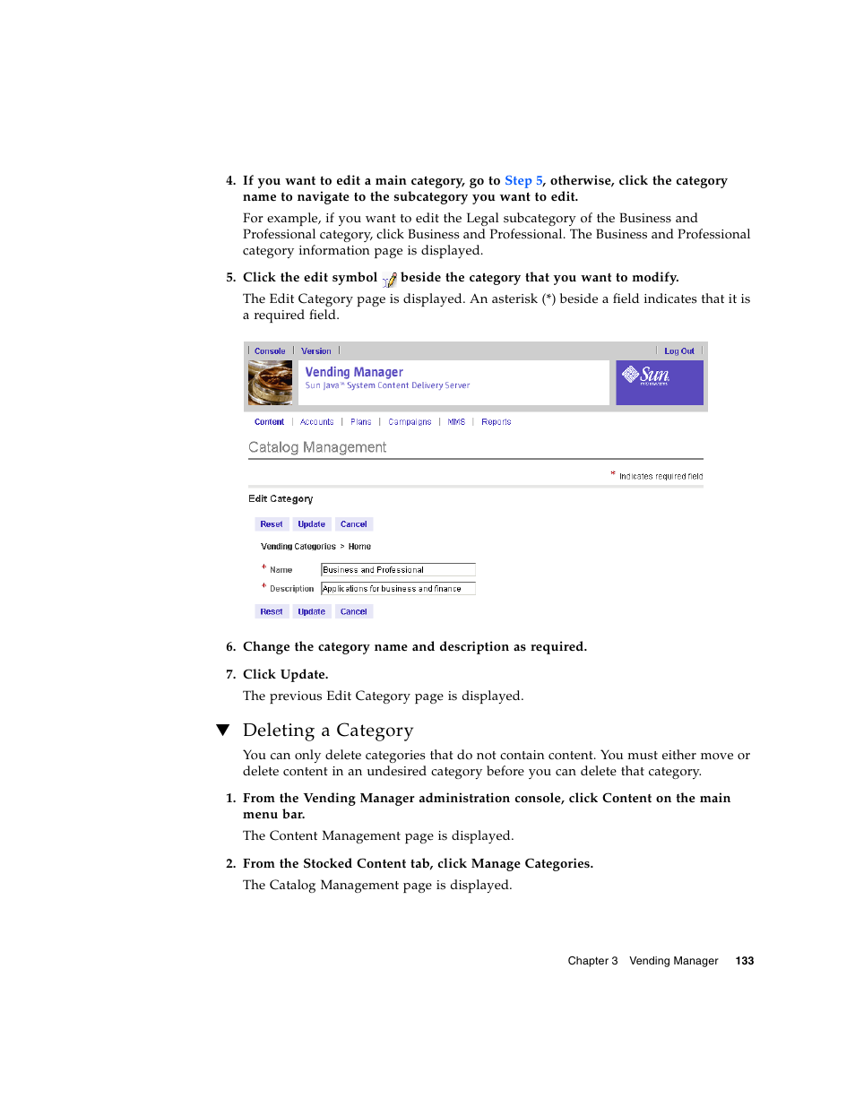 Deleting a category | Sun Microsystems Sun Java System Content Delivery Server 5 User Manual | Page 152 / 283