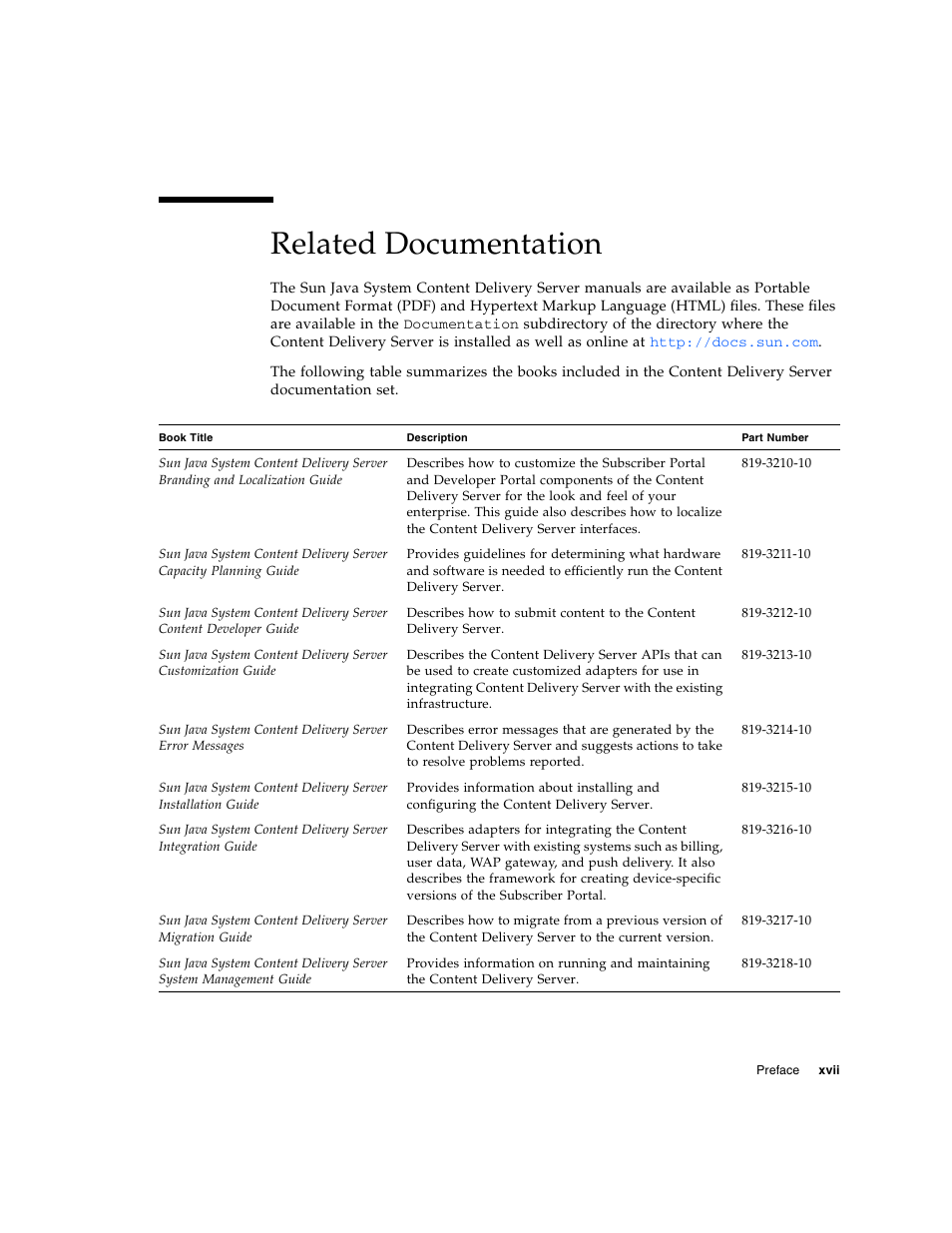 Related documentation | Sun Microsystems Sun Java System Content Delivery Server 5 User Manual | Page 17 / 283