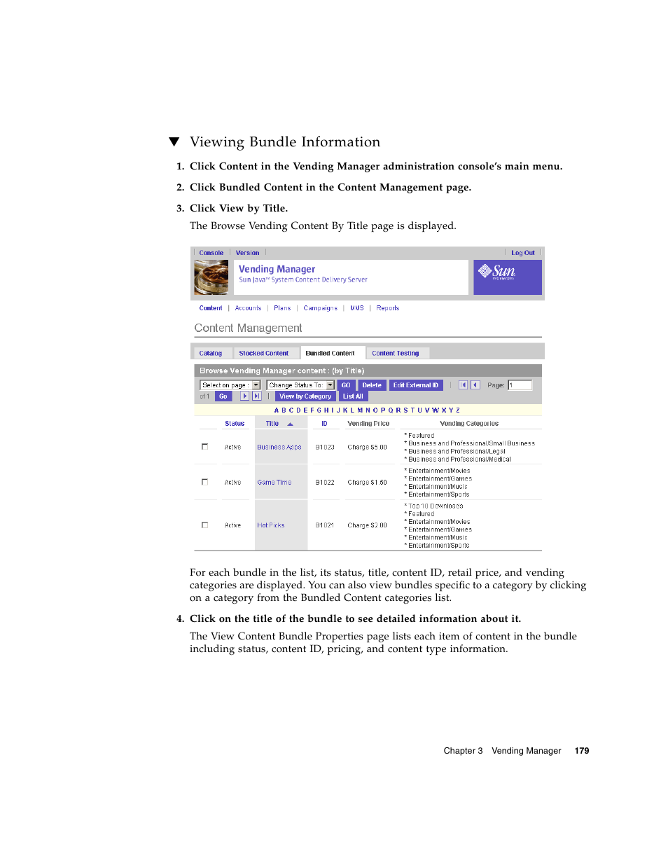 Viewing bundle information | Sun Microsystems Sun Java System Content Delivery Server 5 User Manual | Page 198 / 283