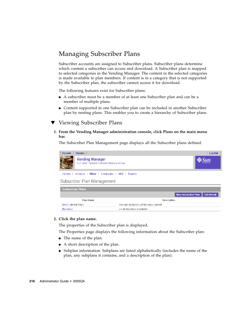 Managing subscriber plans, Viewing subscriber plans | Sun Microsystems Sun Java System Content Delivery Server 5 User Manual | Page 235 / 283