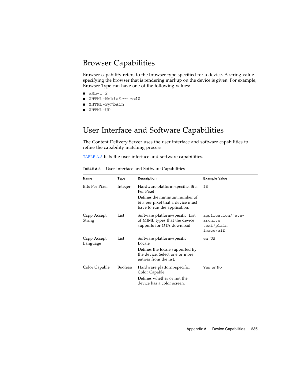 Browser capabilities, User interface and software capabilities, Table a-3 | Sun Microsystems Sun Java System Content Delivery Server 5 User Manual | Page 254 / 283