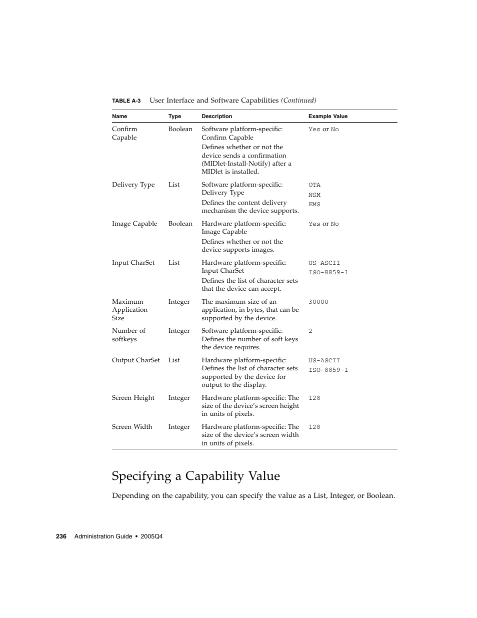 Specifying a capability value | Sun Microsystems Sun Java System Content Delivery Server 5 User Manual | Page 255 / 283