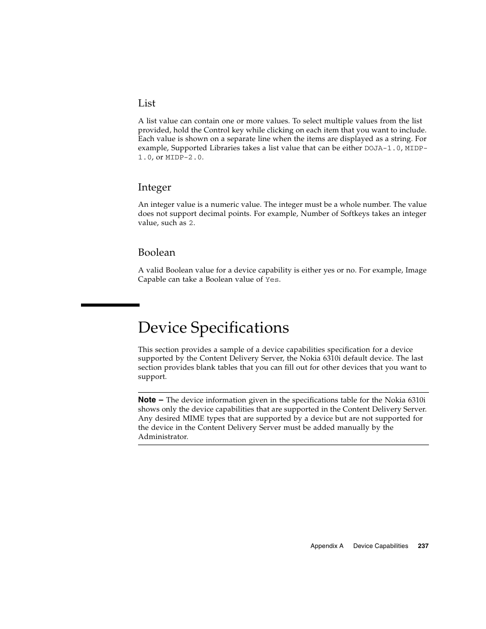 List, Integer, Boolean | Device specifications | Sun Microsystems Sun Java System Content Delivery Server 5 User Manual | Page 256 / 283