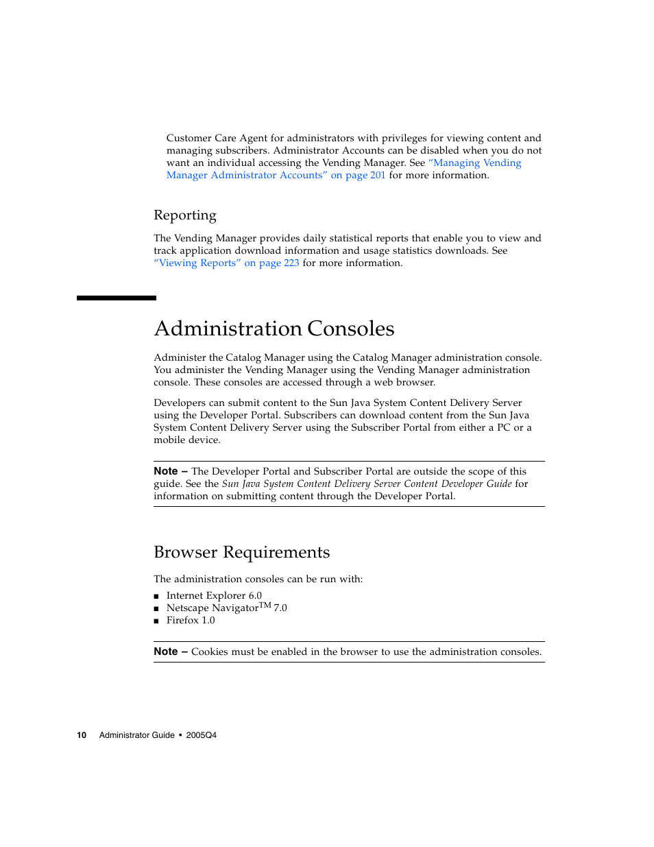 Reporting, Administration consoles, Browser requirements | Sun Microsystems Sun Java System Content Delivery Server 5 User Manual | Page 28 / 283