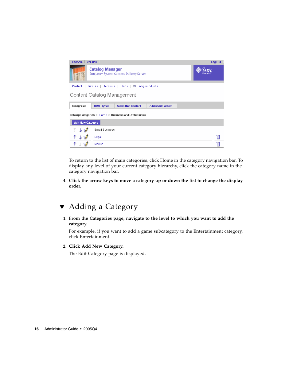 Adding a category | Sun Microsystems Sun Java System Content Delivery Server 5 User Manual | Page 34 / 283