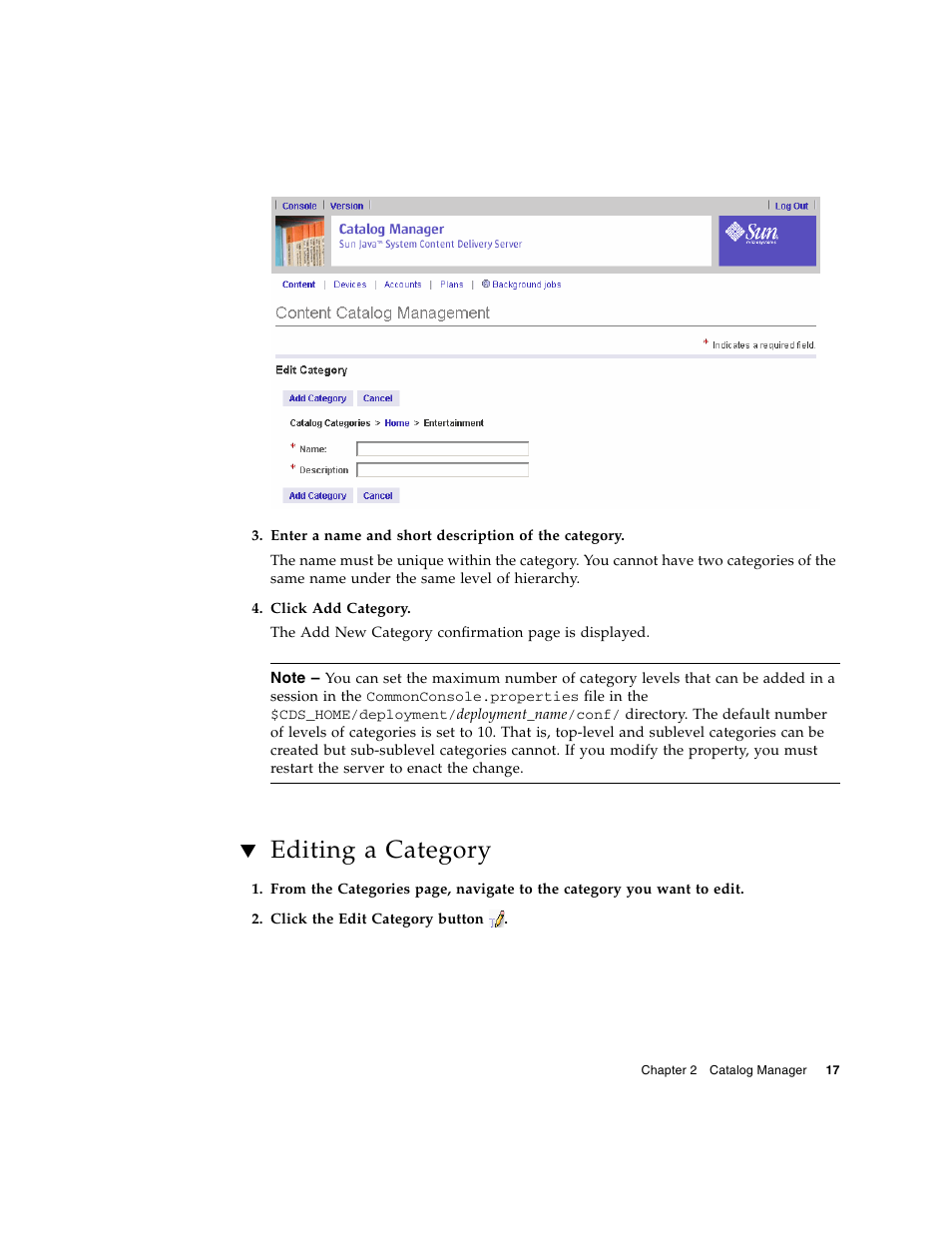 Editing a category | Sun Microsystems Sun Java System Content Delivery Server 5 User Manual | Page 35 / 283