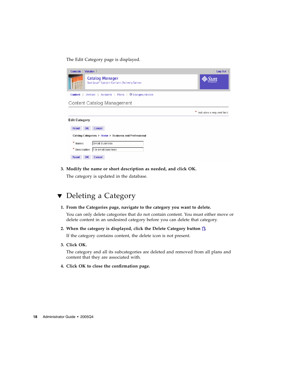 Deleting a category | Sun Microsystems Sun Java System Content Delivery Server 5 User Manual | Page 36 / 283