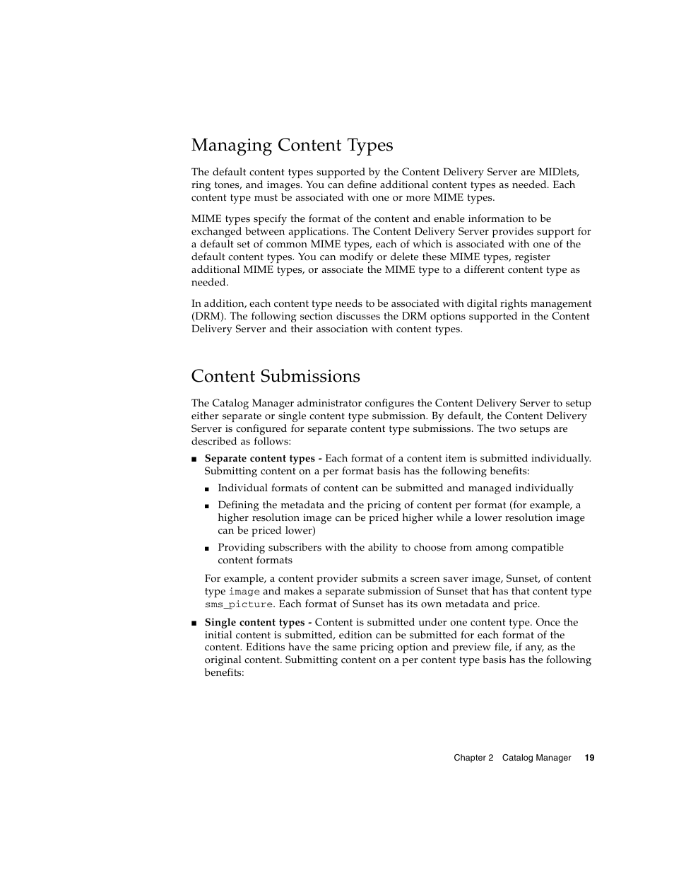 Managing content types, Content submissions | Sun Microsystems Sun Java System Content Delivery Server 5 User Manual | Page 37 / 283