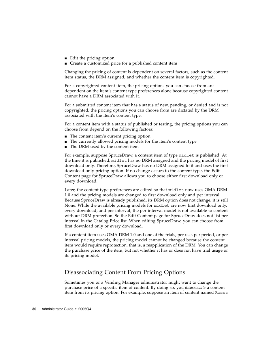 Disassociating content from pricing options | Sun Microsystems Sun Java System Content Delivery Server 5 User Manual | Page 48 / 283