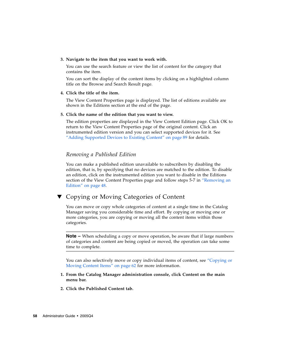Copying or moving categories of content, Removing a published edition | Sun Microsystems Sun Java System Content Delivery Server 5 User Manual | Page 76 / 283
