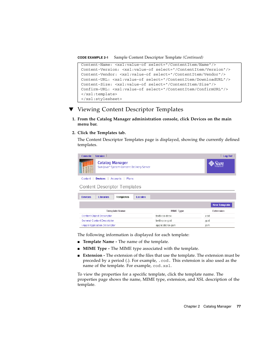 Viewing content descriptor templates | Sun Microsystems Sun Java System Content Delivery Server 5 User Manual | Page 95 / 283