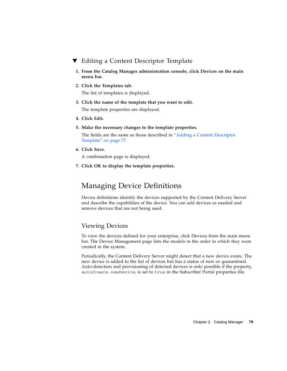 Editing a content descriptor template, Managing device definitions, Viewing devices | Sun Microsystems Sun Java System Content Delivery Server 5 User Manual | Page 97 / 283