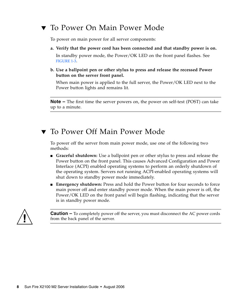 To power on main power mode, To power off main power mode | Sun Microsystems Sun Fire X2100 M2 User Manual | Page 12 / 40