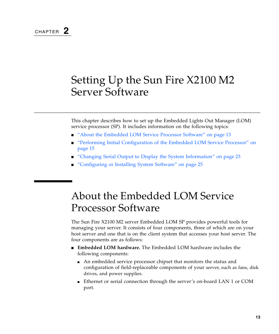 Setting up the sun fire x2100 m2 server software, About the embedded lom service processor software | Sun Microsystems Sun Fire X2100 M2 User Manual | Page 17 / 40