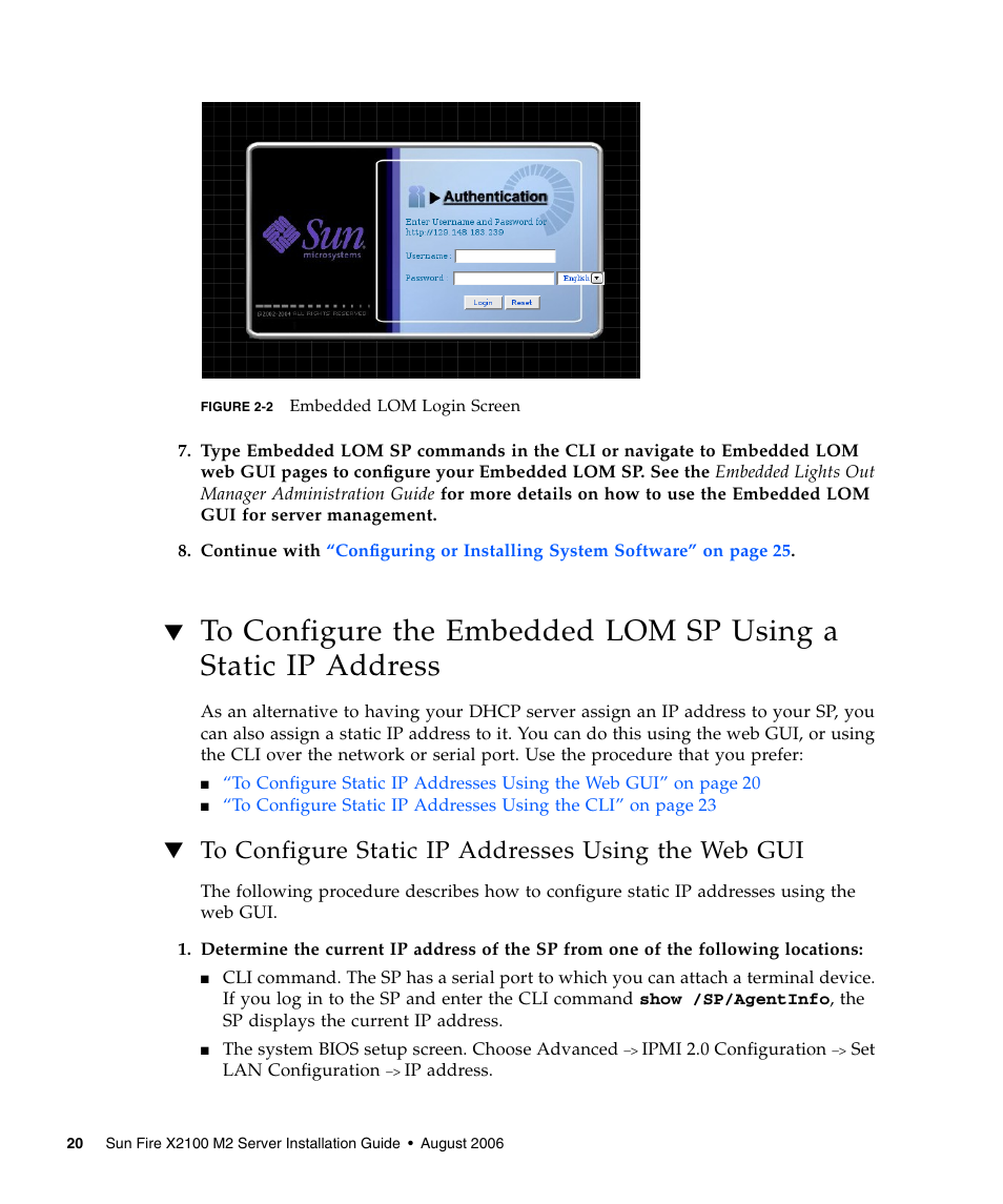 To configure static ip addresses using the web gui, To configure | Sun Microsystems Sun Fire X2100 M2 User Manual | Page 24 / 40